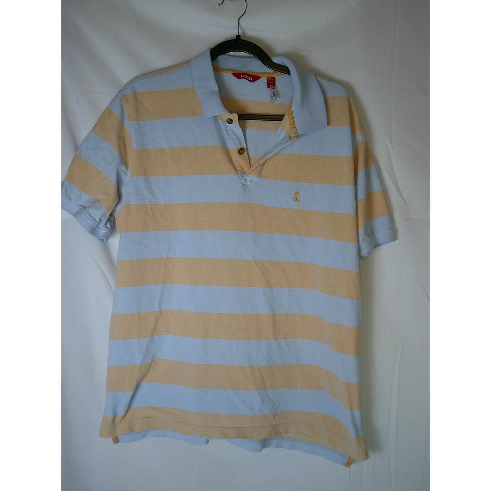 IZOD Mens Striped Polo‎ Shirt Light Blue Orange Short Sleeve Casual Size Large